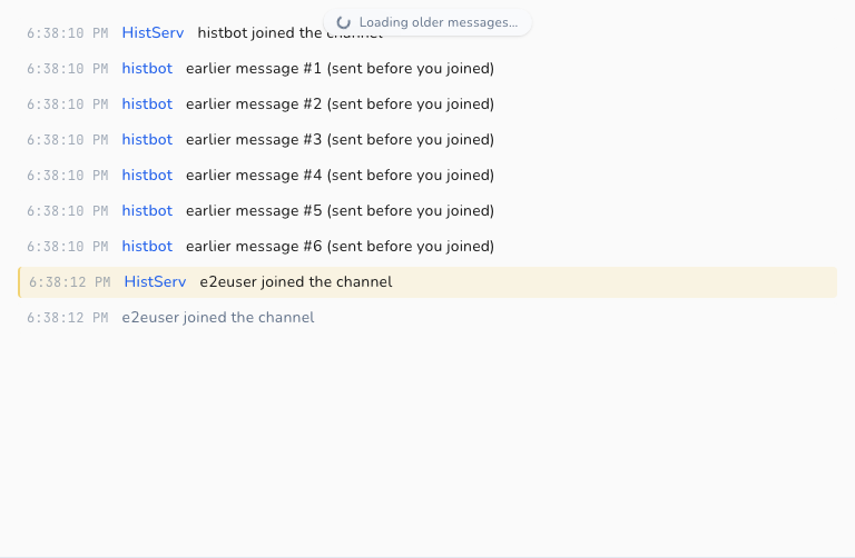 Channel showing six messages replayed via CHATHISTORY on join, before the user's own join line
