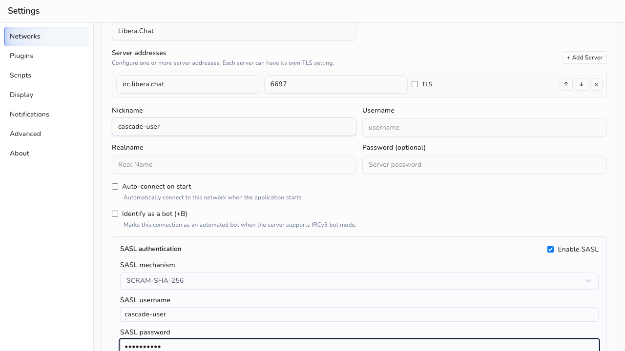SASL Authentication section of the network settings form
