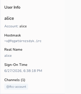 User info panel showing the WHOIS account name (RPL_WHOISACCOUNT / 330)