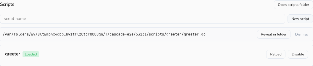 The Scripts panel showing a loaded script with its status badge and per-row actions